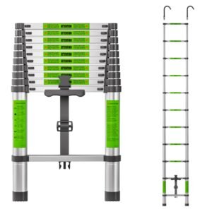 Telescoping Ladder 10.5 FT with Detachable Hooks, Compact Collapsible Design with Safety Locks, Adjustable 11-Steps for Home, Outdoor Work, RV, Attic Access, Aluminum Extension Ladders