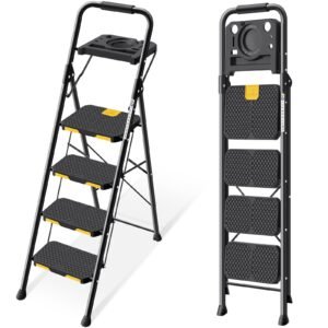 4 Step Ladder with Tool Platform, Folding Step Stool with Wide Pedal, Safety Locking, Sturdy Steel Ladder Portable Safety Ladder for Adults Painting Home Outdoor Garage