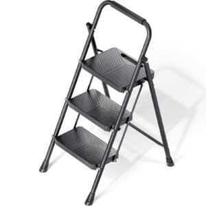 Folding 3 Step Ladder, Portable Ladder for Multi-Purpose, Home, Kitchen, Heavy Sturdy Steel Step Stool with Anti-Slip Wide Pedals, Handrail, Safe-Lock Design