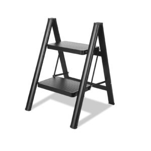 2 Step Ladder, Folding Step Stool for Adults with Wide Anti-Slip Pedal, Lightweight, Perfect for Kitchen& Household, Library Office,330lbs Capacity Sturdy Steel Ladder,Black