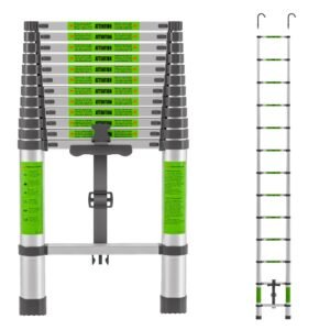 Telescoping Ladder 12.5 FT with Detachable Hooks, Compact Collapsible Design with Safety Locks, Adjustable 13 Steps for Home, Outdoor Work, RV, Attic Access, Aluminum Extension Ladders