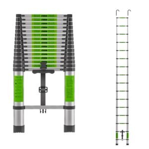 Telescoping Ladder 15.5 FT with Detachable Hooks, Compact Collapsible Design with Safety Locks, Adjustable 16 Steps for Home, Outdoor Work, RV, Attic Access, Aluminum Extension Ladders